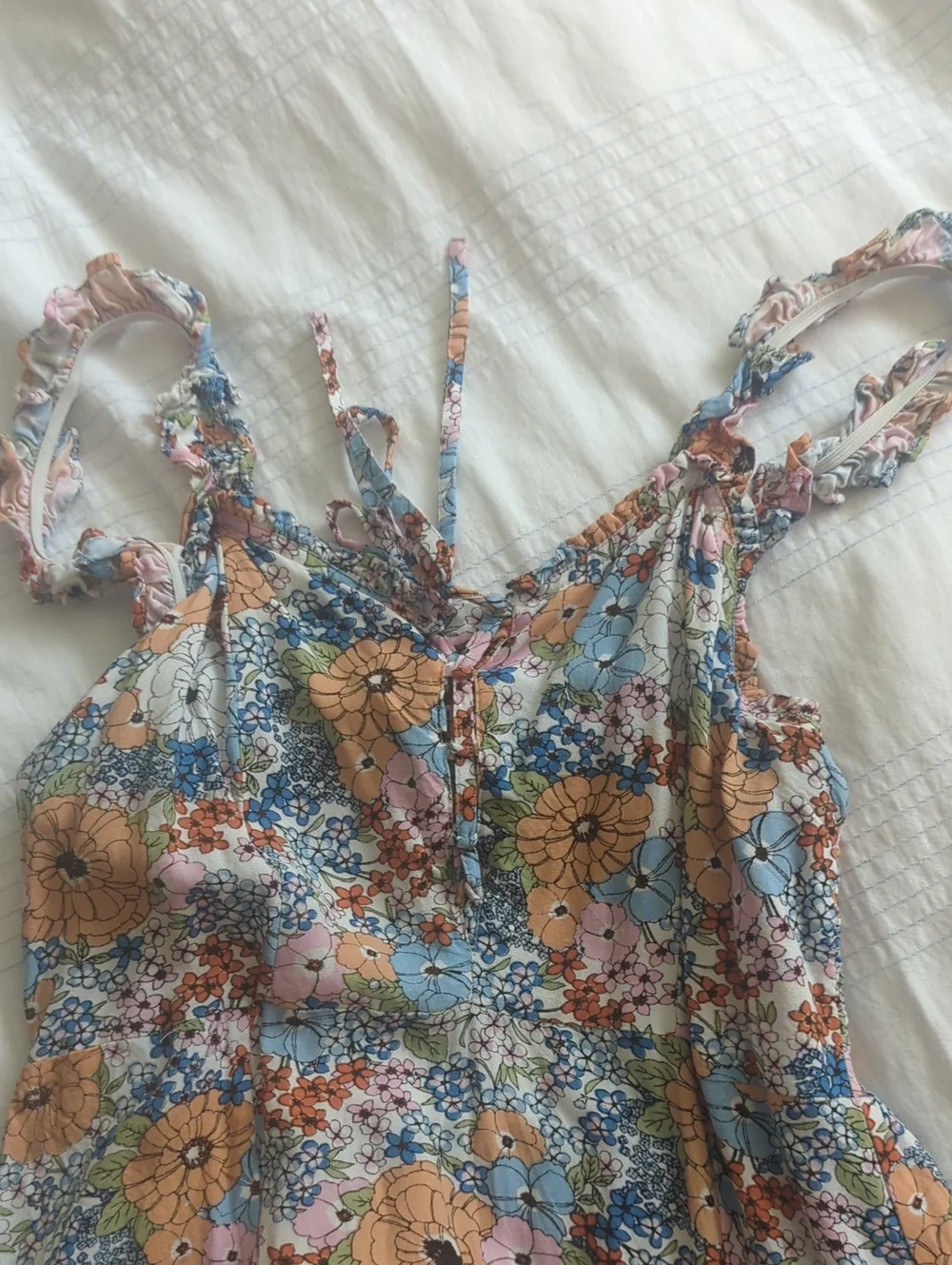 Japna Peach and Light Blue Floral Tie-Strap Dress Medium